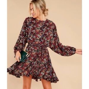 Storia Dress Longsleeve Mini Floral Boho Swing Anthropologie Sz Small Ruffle Red